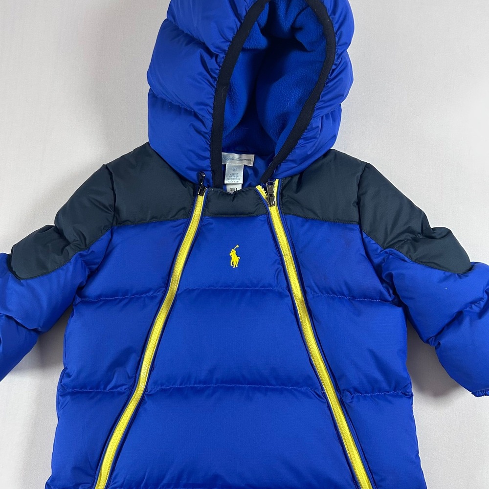 Polo Ralph Lauren Bunting Snowsuit Unisex 9M Blue Quilted Puffer Fleece Hood